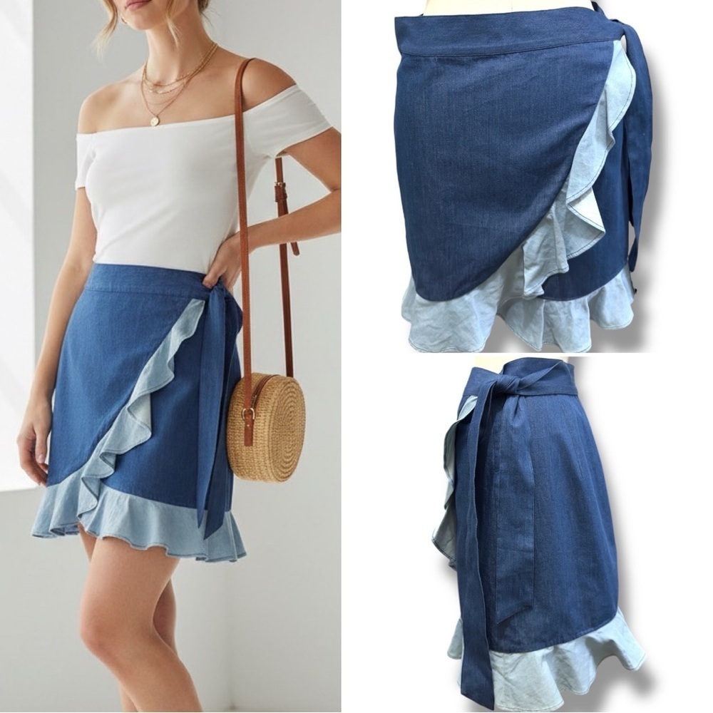 Club Monaco | EUC Chambray Wrap Ruffle Mini Skirt (size M/L)